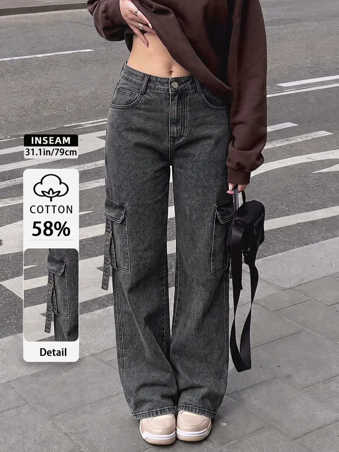 Mid Waist Baggy Cargo Denim Jeans for Women, Wide Leg Streetwear Pants with Large Pockets, Trendy Casual Summer Bottoms, Slimming All-Season Daily Wear, Elegant Chic Style