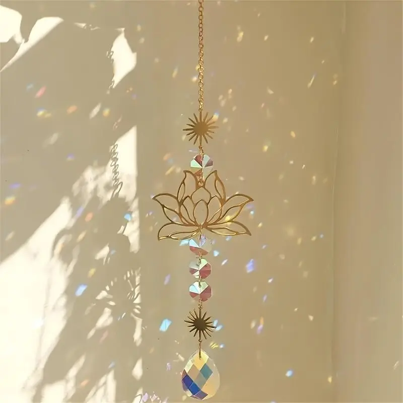 1Pcs Metal Sun Catcher Hanging Ornament, Lotus Crystal Prism Decor for Window Home, Holiday & Birthday Gift