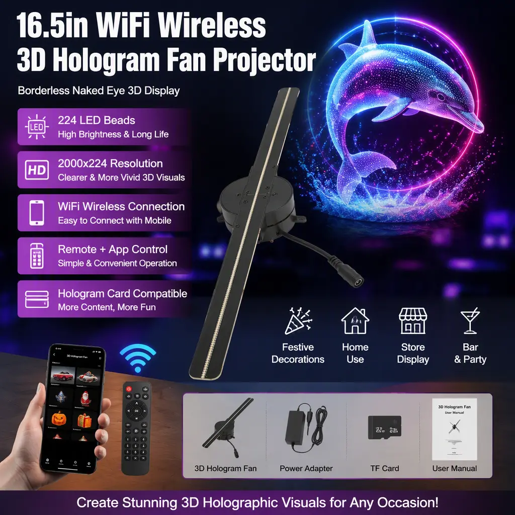16.5in WiFi Wireless 3D Hologram Fan Projector - Borderless Naked Eye 3D Display, 224 LED Beads, 2000x224 Resolution, Remote + App Control, Mobile Connection, Adapter, Hologram Card Compatible for Festive Decorations, Home Use