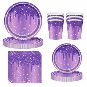 50Pcs Purple Glitter Birthday Party Supplies, Sparkle Diamond Drip Theme Tableware Set, Disposable Paper Plates Cups Napkins Dinnerware, Birthday Party Decorations