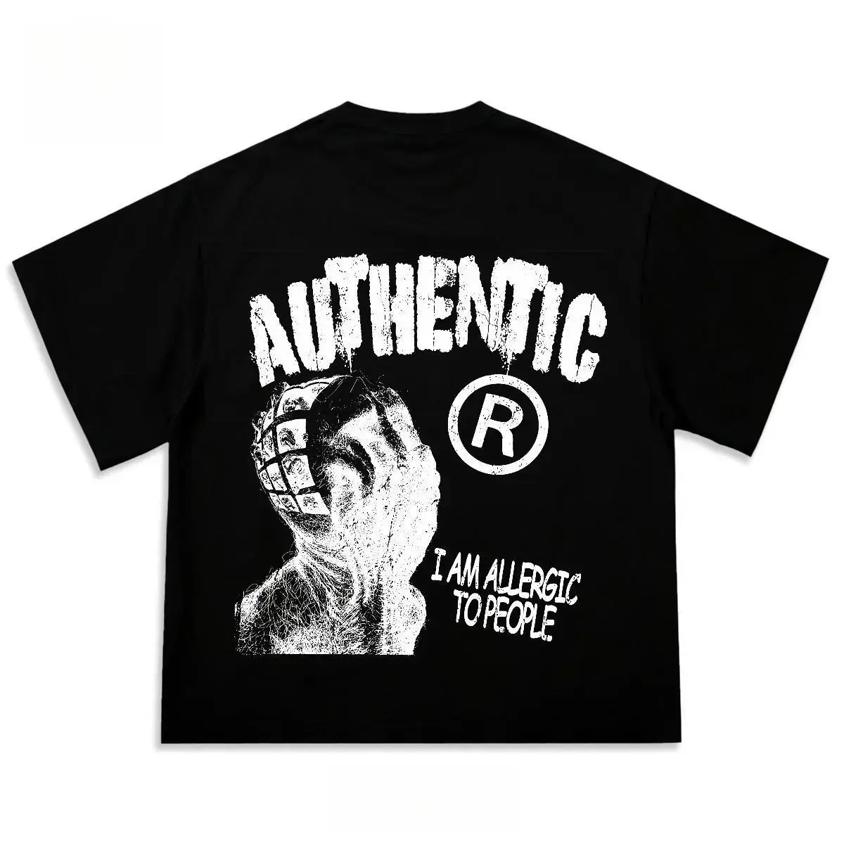 FEEGO Vintage Classic Round Neck Short-Sleeve Customized Tee, Men's Cotton "I Am Allergic To People" Graphic Print Oversize Breathable Soft Black T-Shirt
