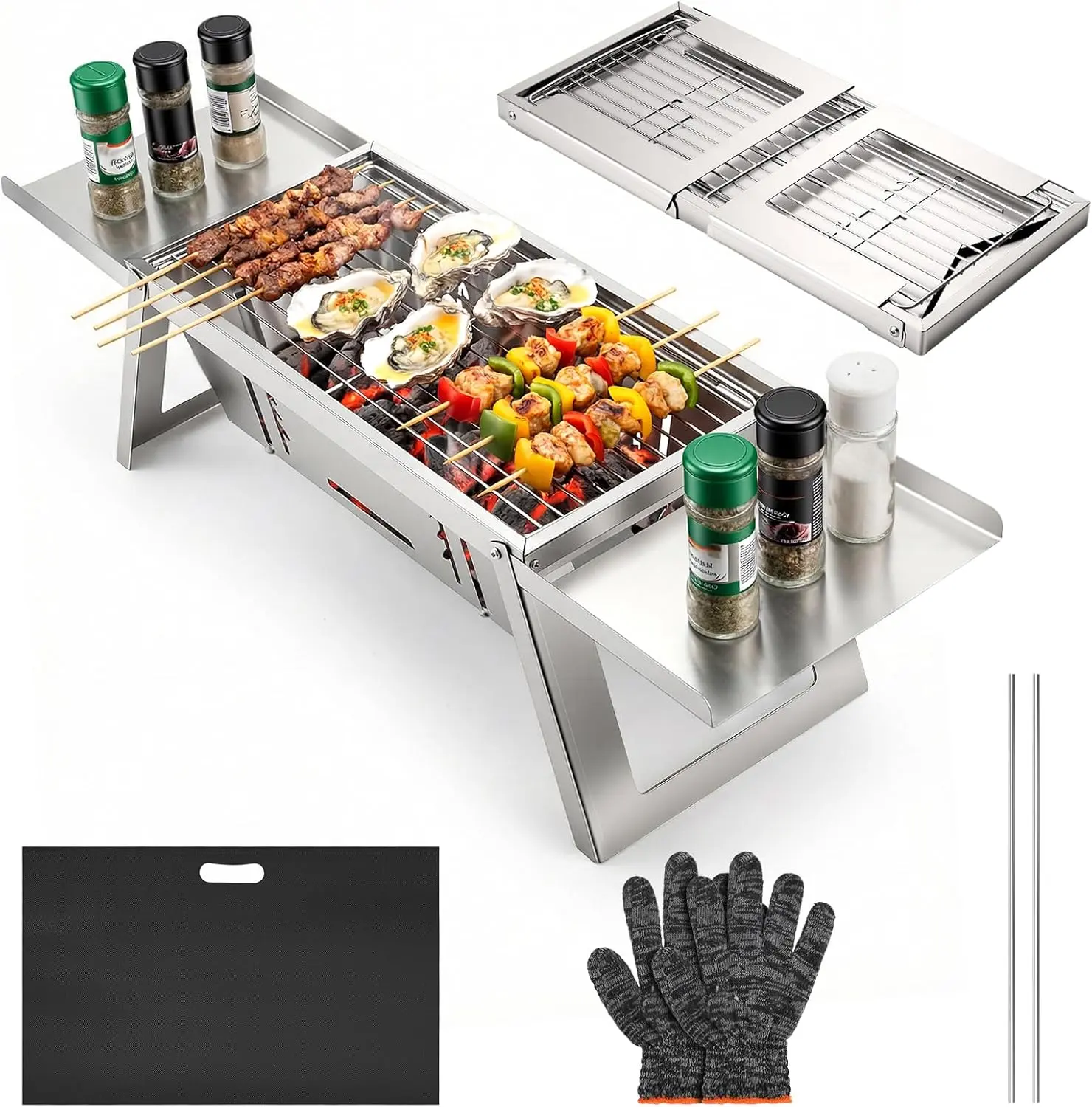 Small Portable Charcoal BBQ Grill, Mini Foldable Barbecue Grill with 4 Gear Heat Adjustment, Desktop Outdoor Barbecue Stove, Multifunctional Outdoor Cooking Tool for Camping, Picnic, Garden, Terrace and Outdoor Travel Use