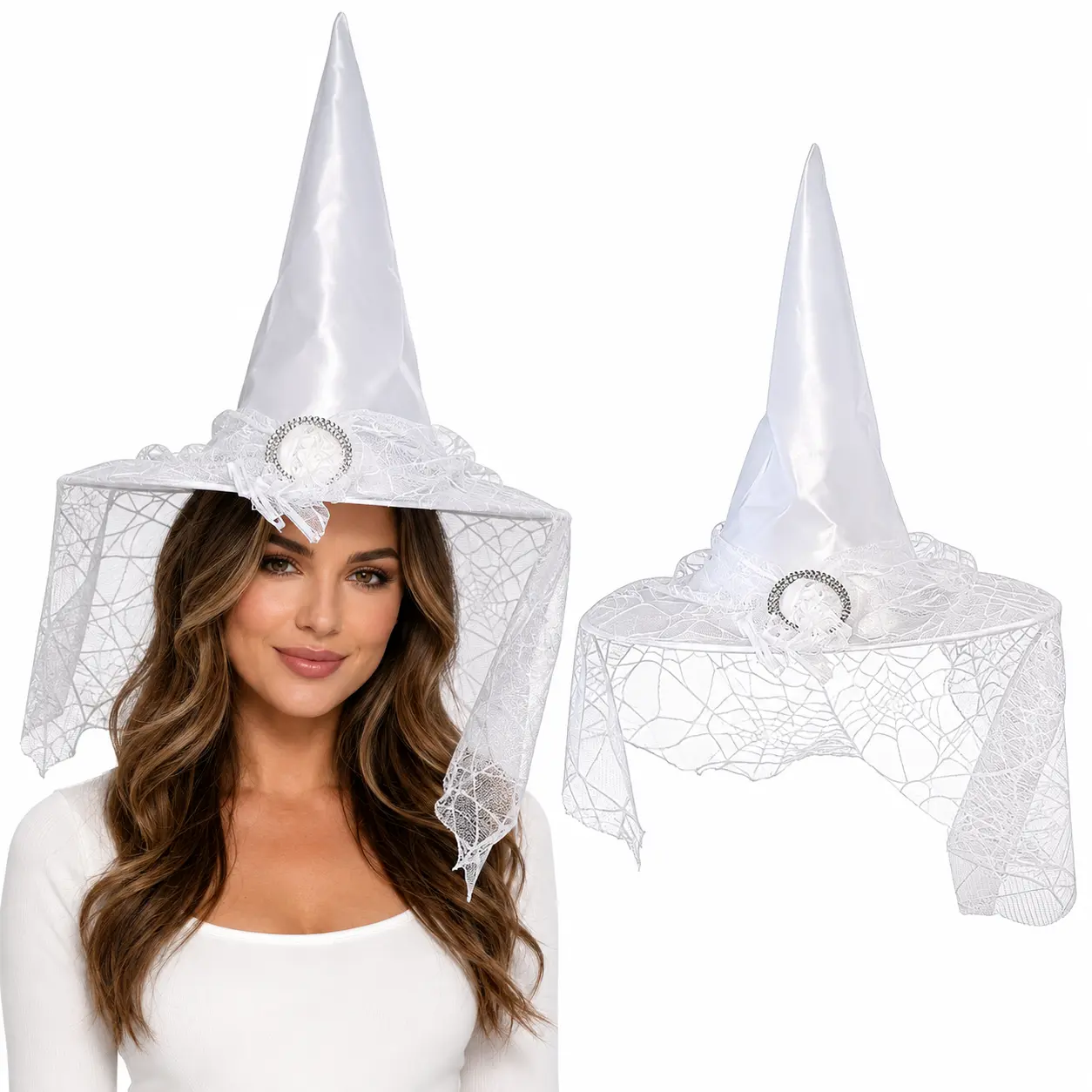 Women Halloween White Witch Hat with Spider Web Veil 1 Pack Gothic Cosplay Accessory for Costume Party