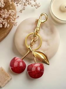 red cute cherry design car keychain, round charms for bags, gifts for girlfriend, key chains for women, fashionable alloy keychain for women & girls, trendy all-match & exquisite keychain for birthday gift
