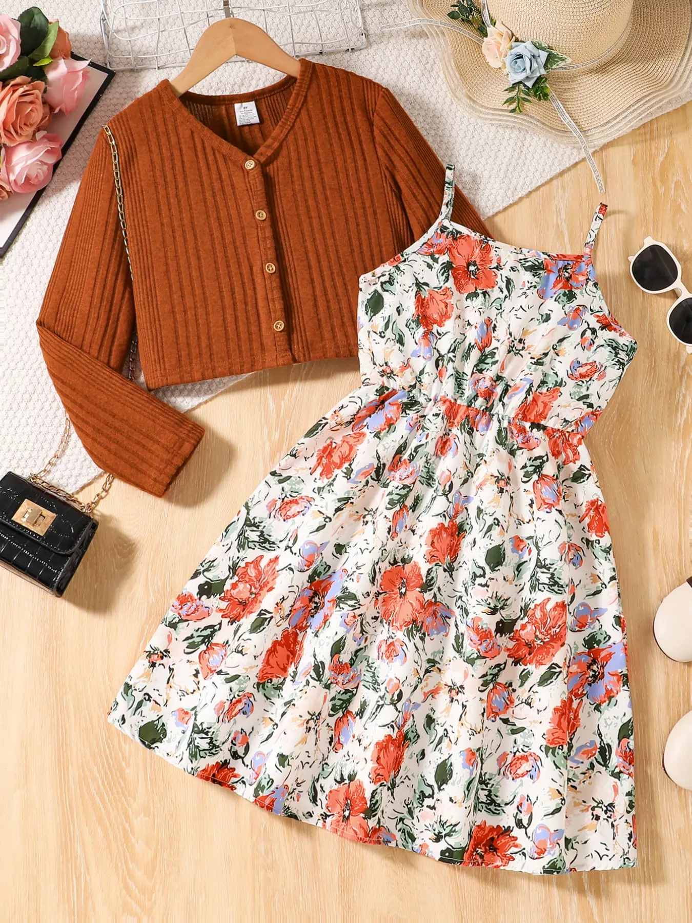 8-12Y Girls Vacation 2-Piece Outfit, Caramel Vertical Rib V-neck Cropped Knit Cardigan, White Base Floral Waist Cami A-Line Dress, Girls Spring Autumn Layering Set