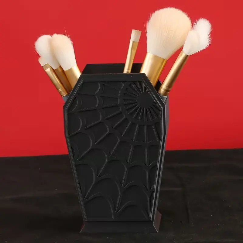 Halloween Gothic Coffin Spider Web Makeup Brush Holder, Lightweight Plastic Desktop Organizer, Halloween Decor for Vanity or Office