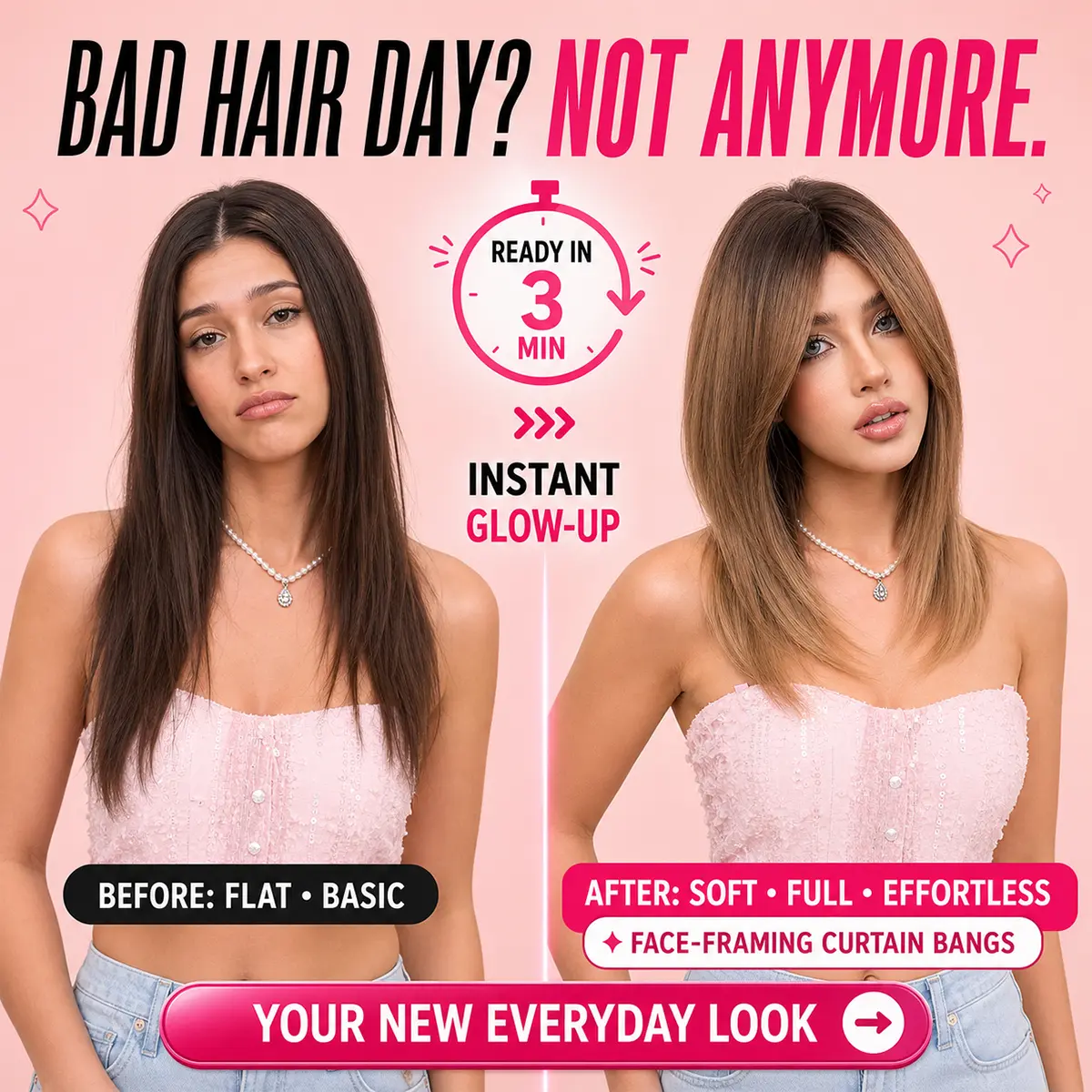 Women's Synthetic Full Machine Wig, 18in Mid-Length Layered Wavy with Curtain Bangs, 3-Color Matte Heat-Resistant Fiber Hair for Wedding, Everyday Wear