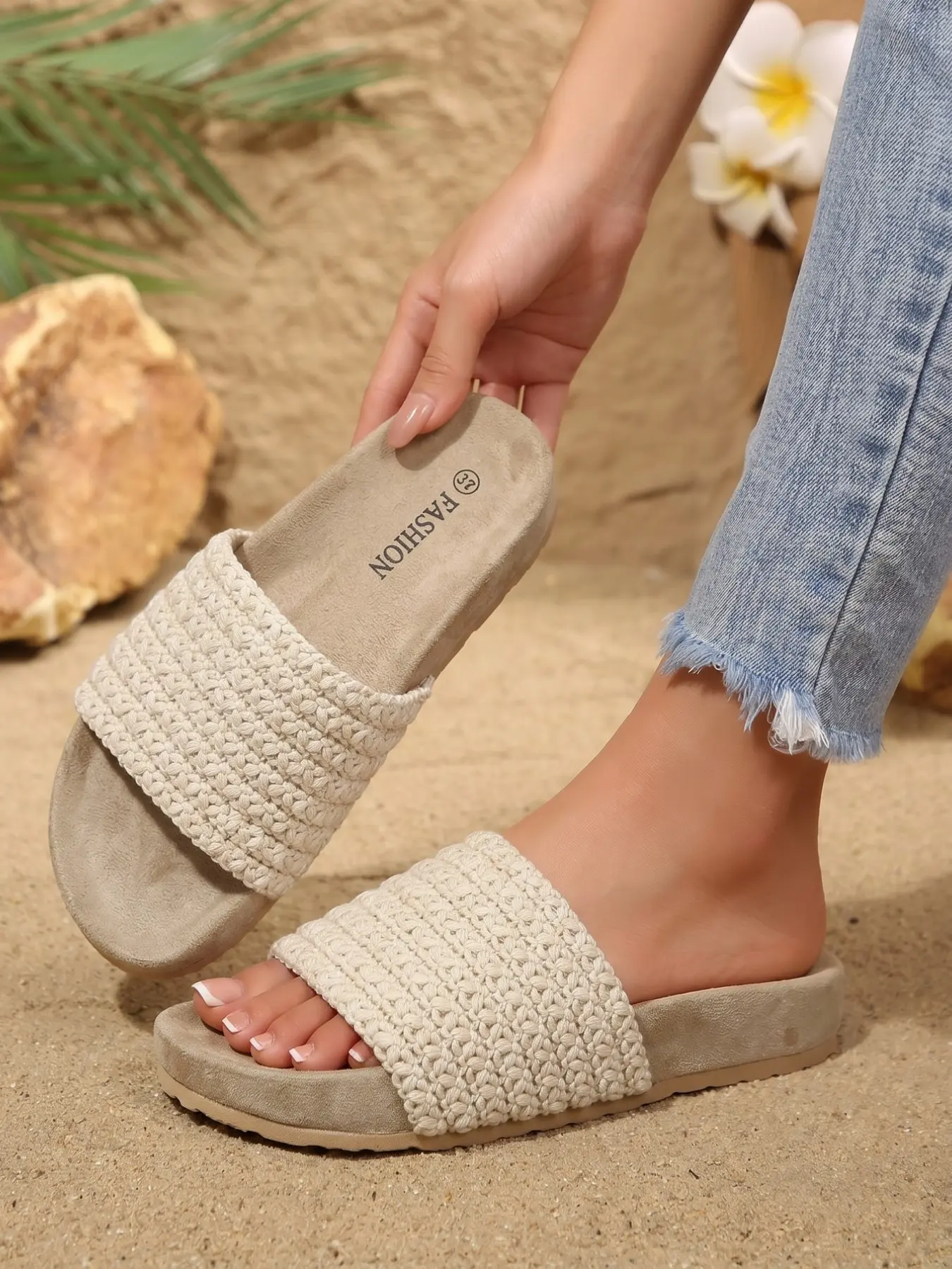 Women's off Thick Woven Strap Flat Slide Sandals, Soft Fuzzy Insole, Slip on Boho Beach Vacation Slippers, Comfortable and Stylish, Casual Summer Sandals