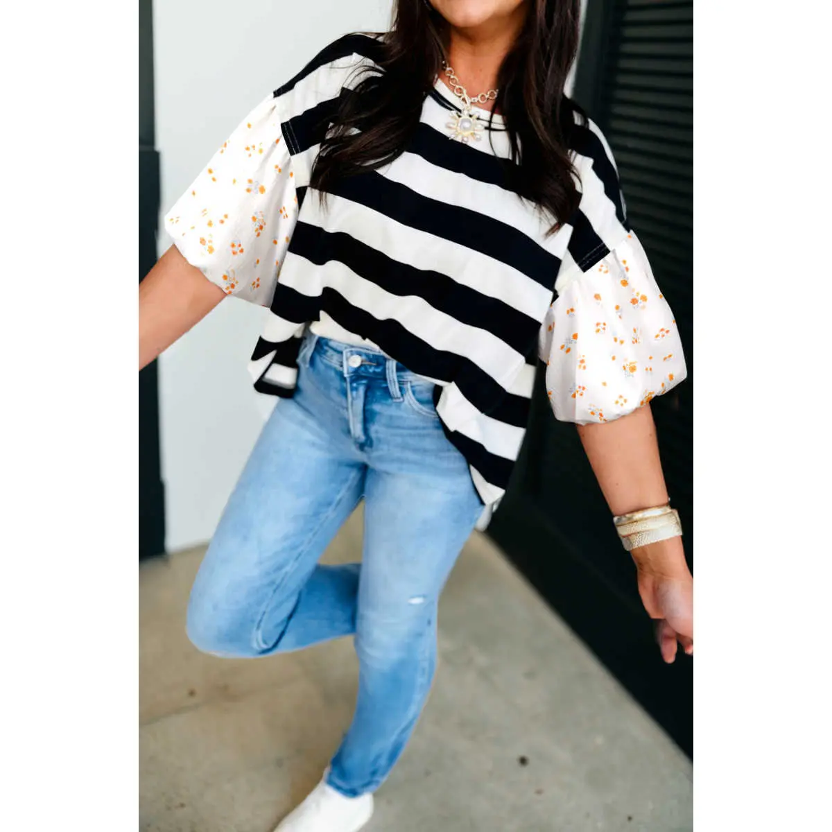 Black Stripe Floral Print Puff Sleeve Patchwork Blouse