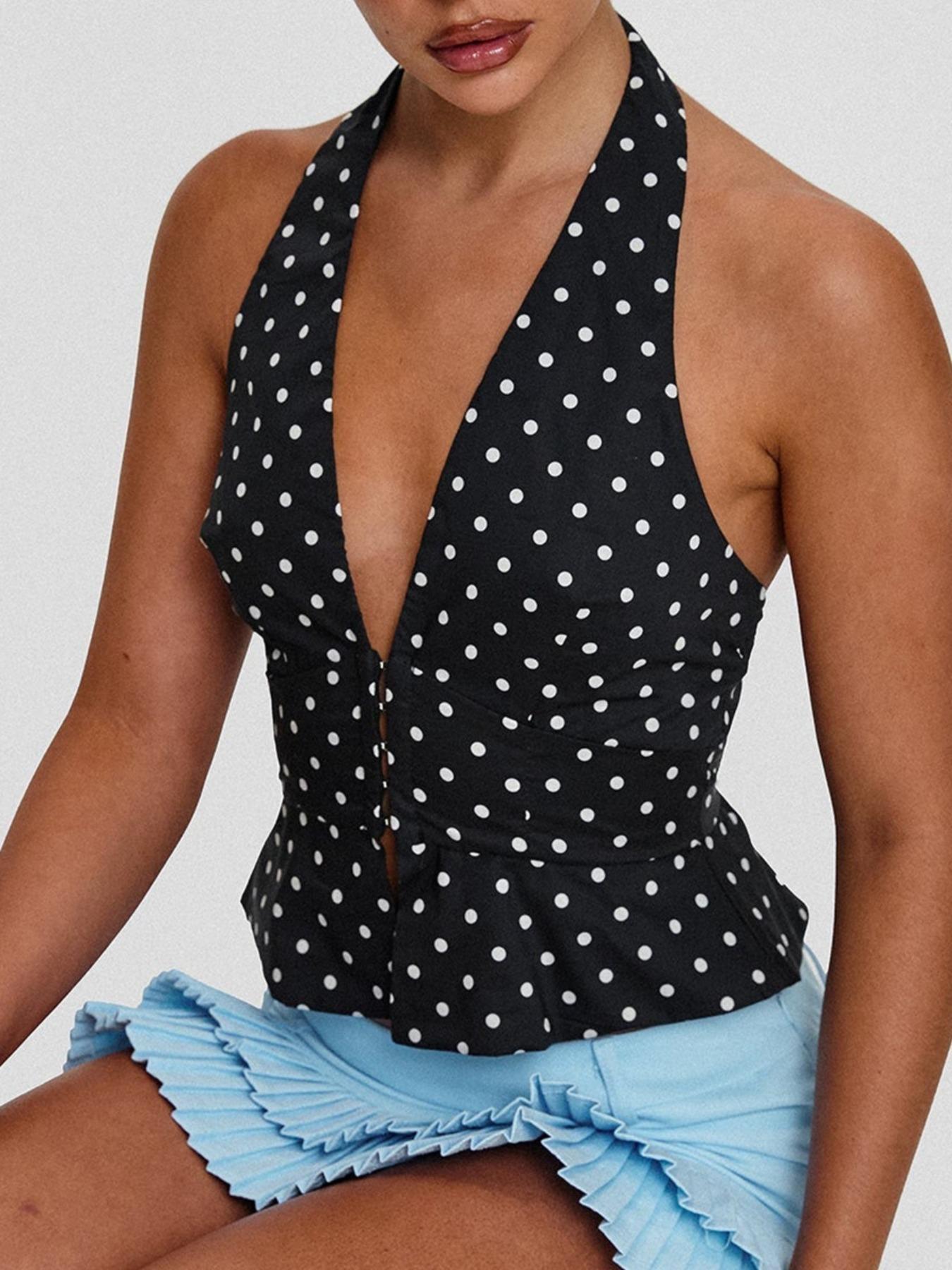 Women's Polka Dot Print Open Front Crop Tank Top, Casual Fitted Sleeveless Cropped Top for Summer, Women's Clothing for Daily Wear