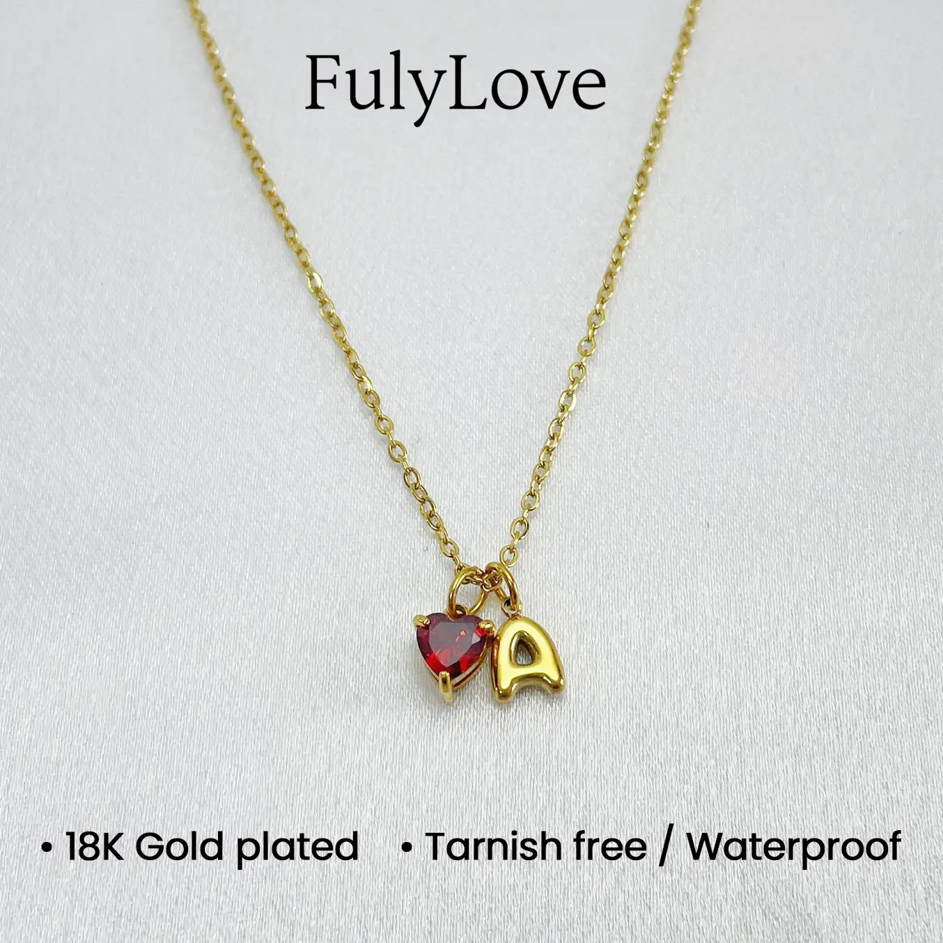 FulyLove Necklace, Personalized Heart Birthstone and Bubble Initial Pendant, Gold Plated, Anniversary Birthday Gift for Women
