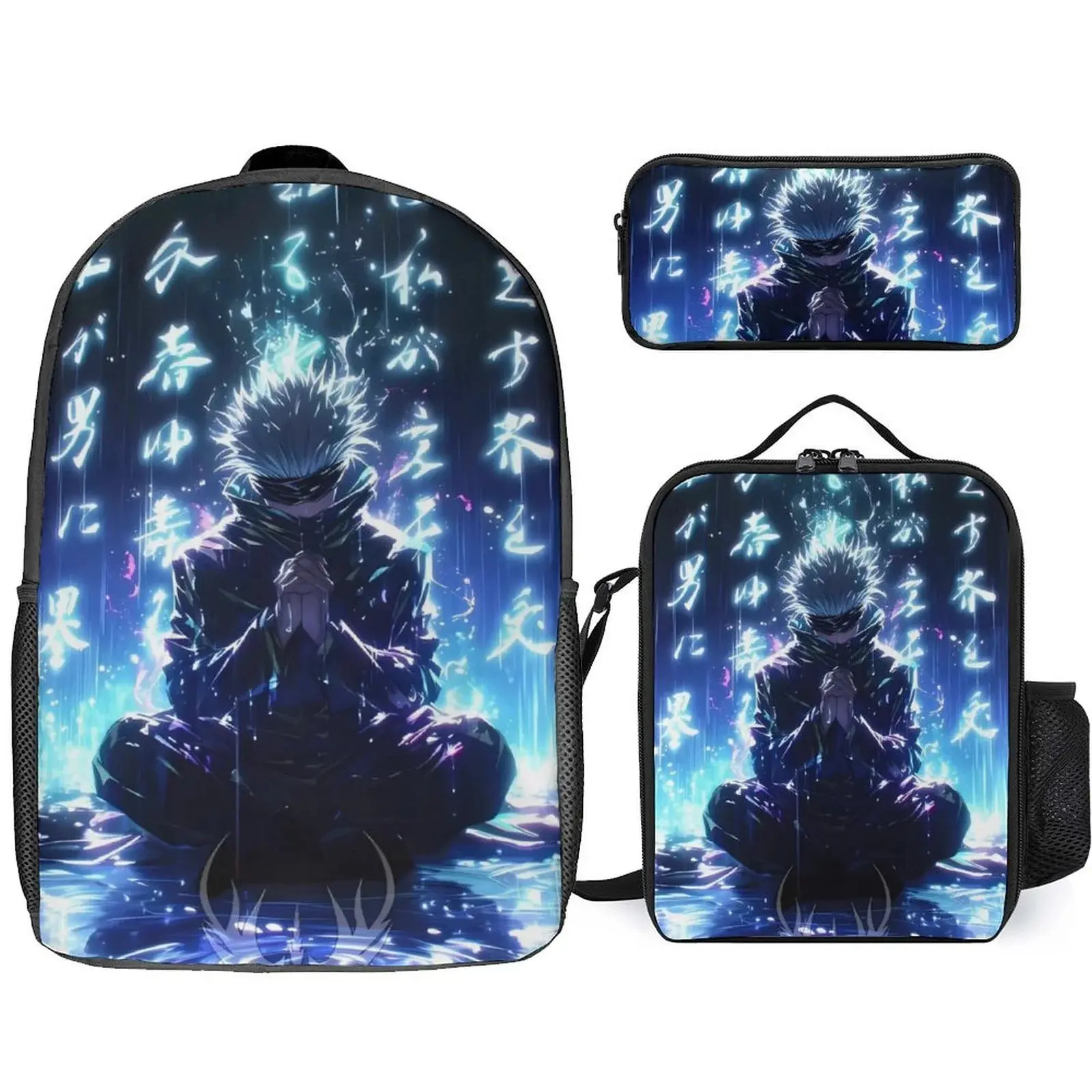 Jujutsu Kaisen Satoru Gojo 3-Piece Anime Backpack Set for Anime Fans - High-Capacity Bookbag, Lunch Box, Pen Box with Anti-Theft Design, Built-In Organizer for Business Trips, Workplace Use, Back To School Haul, Synthetic, Anime Style