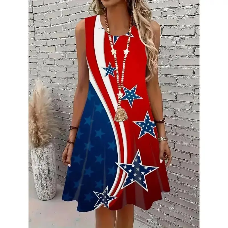 Women'S Patriotic 3D Independence Day Flag Print Sleeveless Dress- Elegant American Design, Crew Neck Polyester Casual Fit