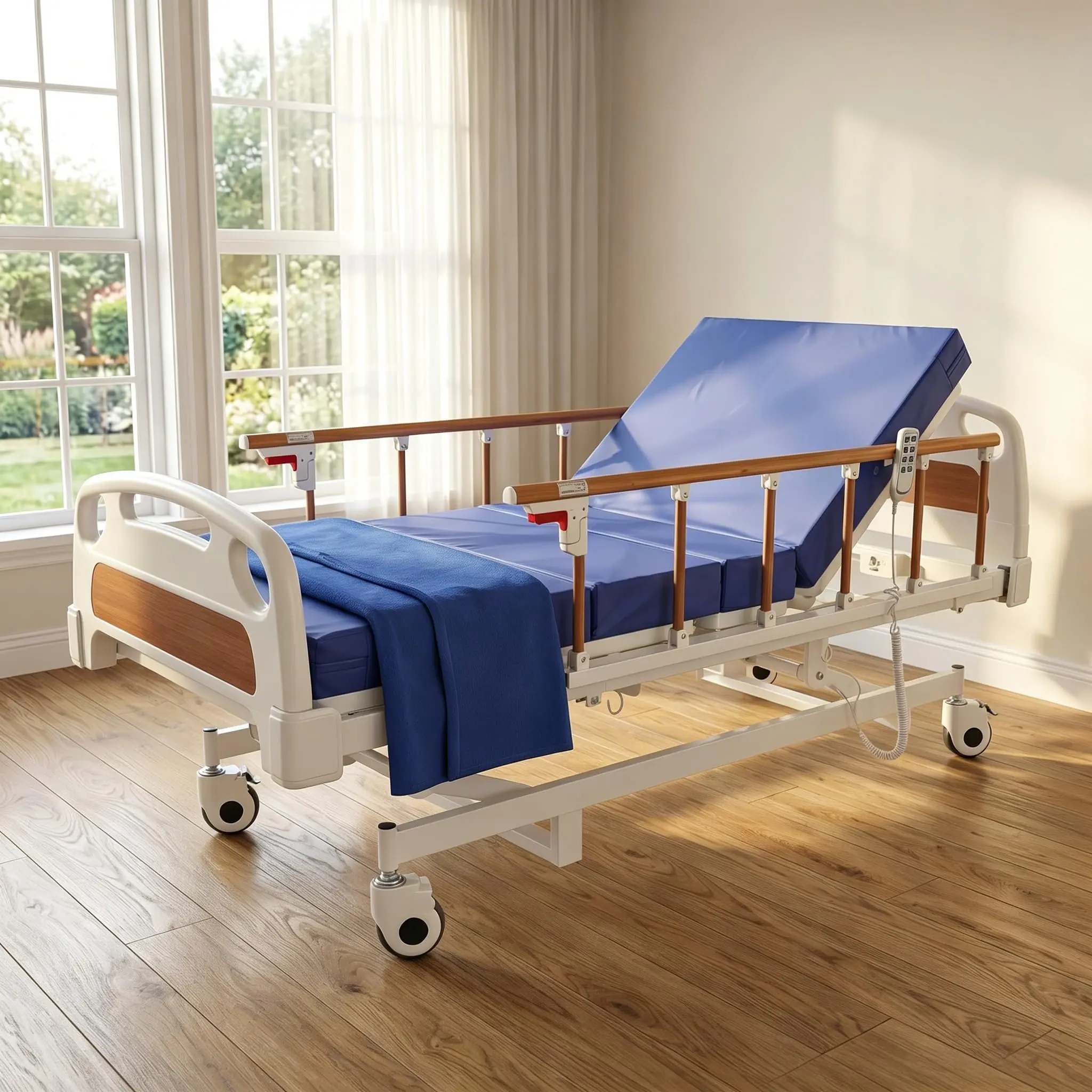 Electric Hospital Bed with Mattress for Home Care, 3 Function Full Electric Medical Bed, Adjustable Height 13"-24" Back & Knee, 5" Locking Casters, 400 Lbs Capacity, Waterproof 4" Foam Mattress