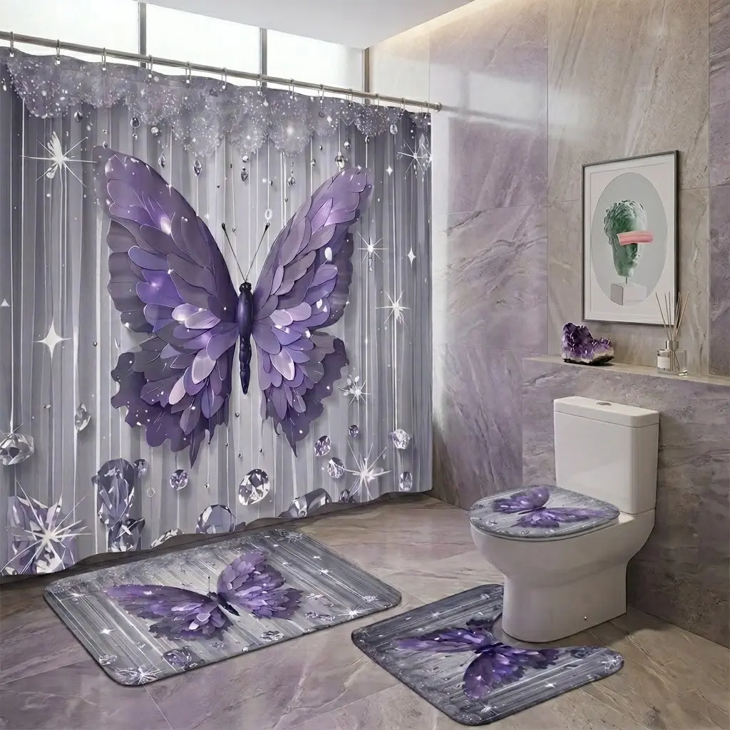 4pcs Elegant Butterfly Bathroom Decor Set, Shimmering Shower Curtain, Toilet Seat Cover, Luxurious Bath Mats, Modern Home Ambiance