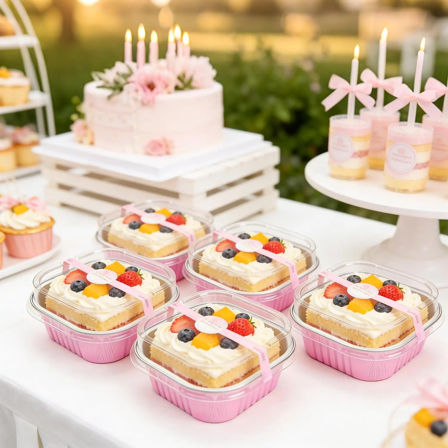 25-Pack 5oz Pink Disposable Square Aluminum Foil Mini Pastry Pan Set with Snap Lids, Mini Fork Utensils & Decorative Stickers, Single-Serve Bakeware for Custard, Cake, Mousse, Stackable Portable Dessert Containers for Parties, Wedding