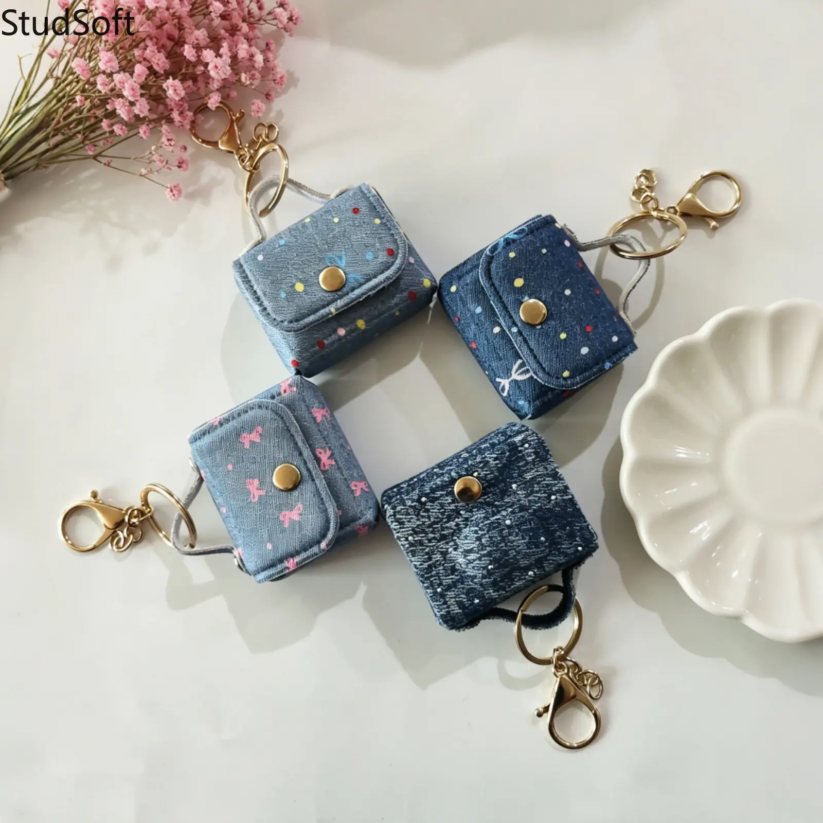 Cute Denim Mini Purse Keychain Back to School Season Gift Retro Jean Micro Satchel Coin Pouch with Handle Metal Snap Closing Bag Charm for Girls