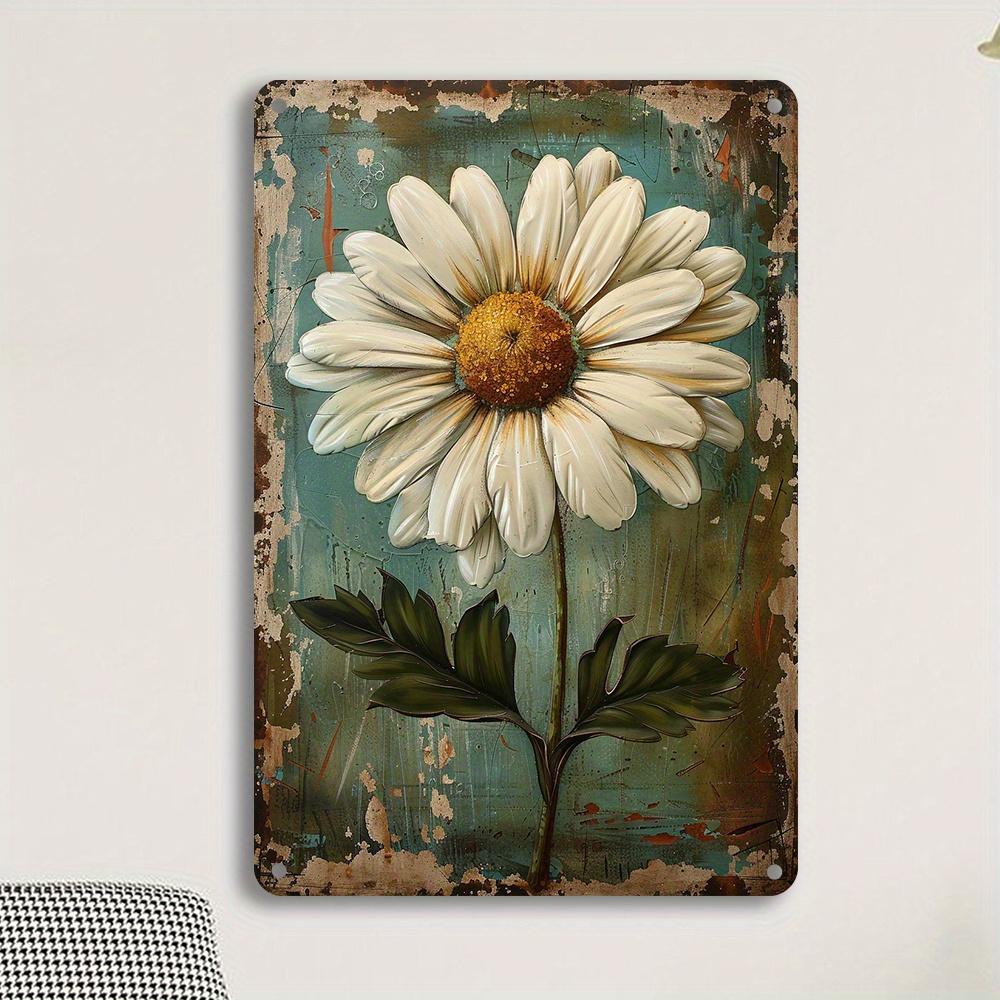 Vintage White Daisy Hand Painted Metal Wall Sign Retro Home Bar Cafe Decor Durable Art Signage for Living Room Club Gift 8x12 Inches Rustic Farmhouse Kitchen Pub Wall Decor