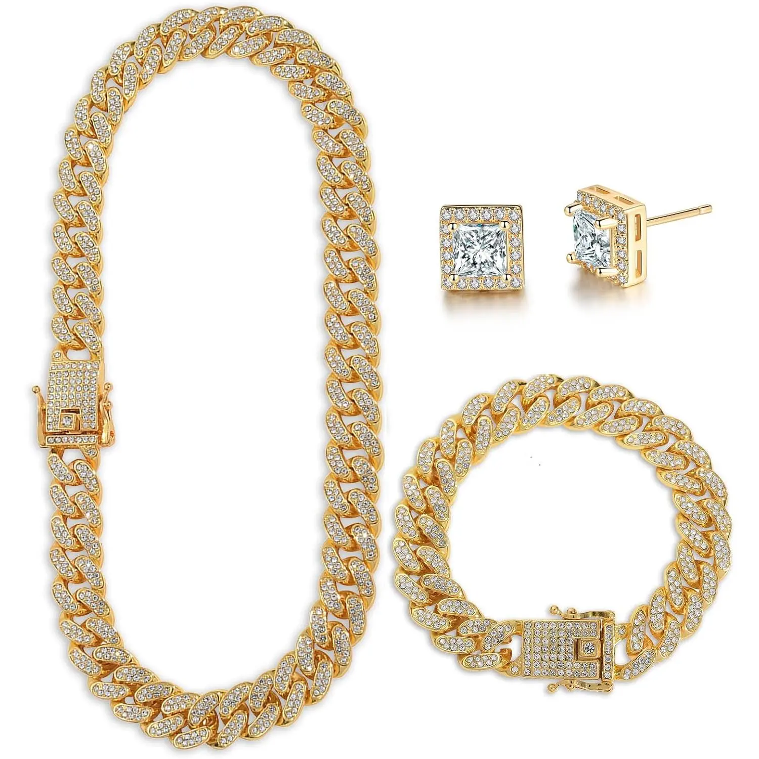 Mens Chains Cuban Link Chain Necklace Bracelets Set for Men Women Bling Bling  Hop