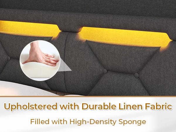 Sikaic Linen LED Floating Bed Frame with Charging Station Dark Grey Headboard And Storage Modern Smart