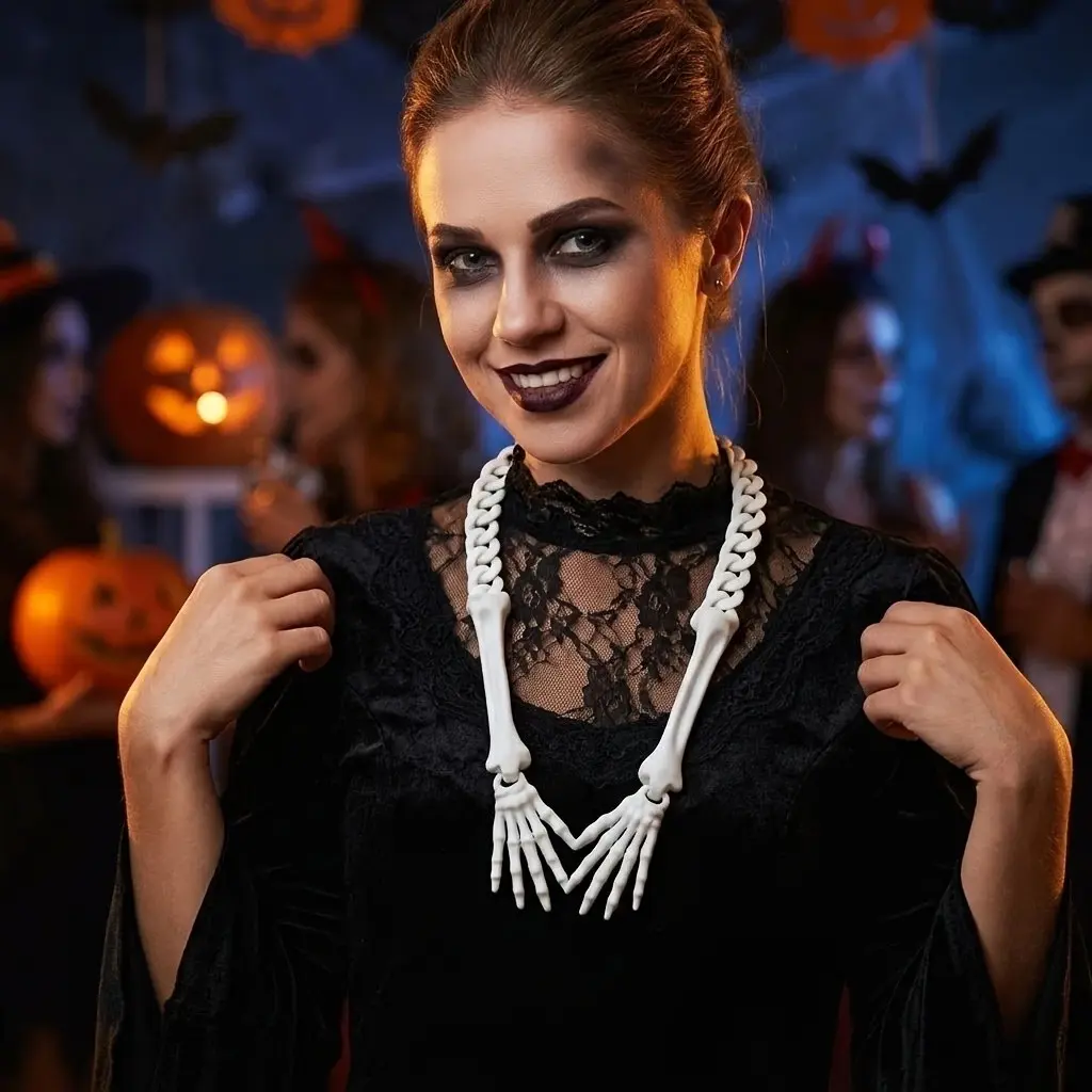 3D Scary Skeleton Bone Necklace Prop, Hanging Bone Decor for Haunted House Dungeon Room, Halloween Skull Skeleton Ornament for Party Costume Decoration