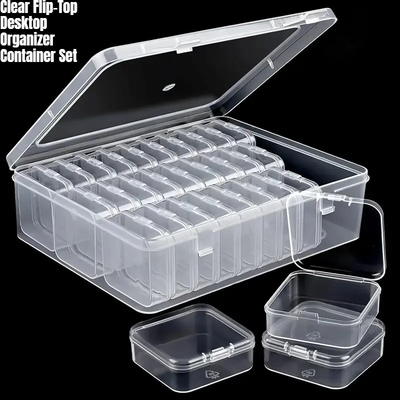 Clear Flip-Top Desktop Organizer Container Set, 30-Compartment 2.2in Inner Plastic Storage Boxes, Dust-Proof Stackable Organizer Bins, Eco-Friendly Portable Storage Case for Crafts, Jewelry, Small Parts & Home Office Supplies