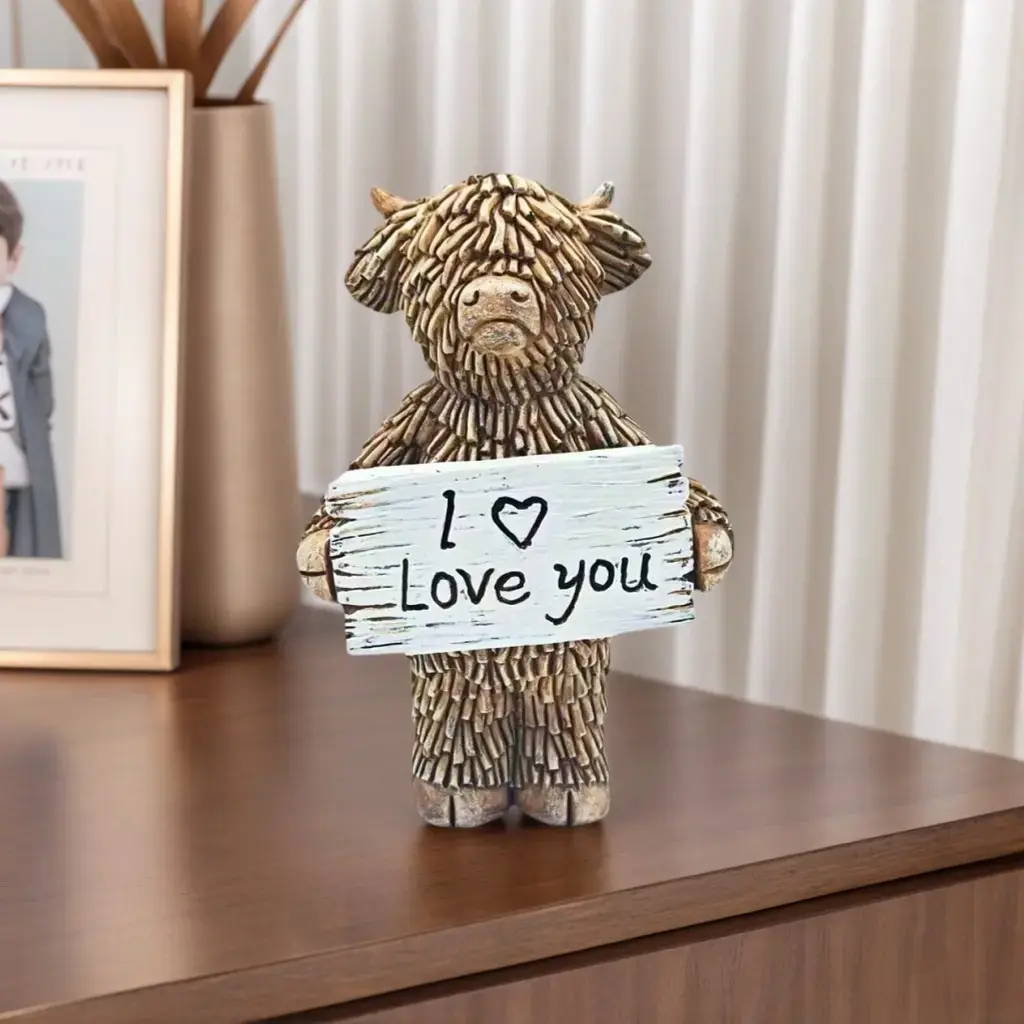 I Love You Highland Cow Statue, Resin Desktop Decor, Holiday Ornament, Valentine's Day Gift, Home Decoration, Unique Sculpture