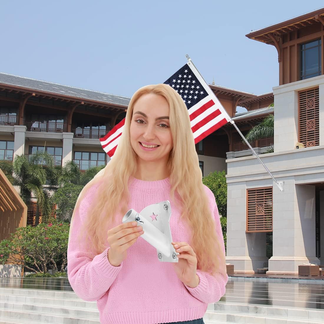 Flag Pole Bracket for 1" Dia Flag Pole Mount, Heavy Duty Carbon Steel, Black, Wall Mount, 45  Angle, Includes Mounting Hardware