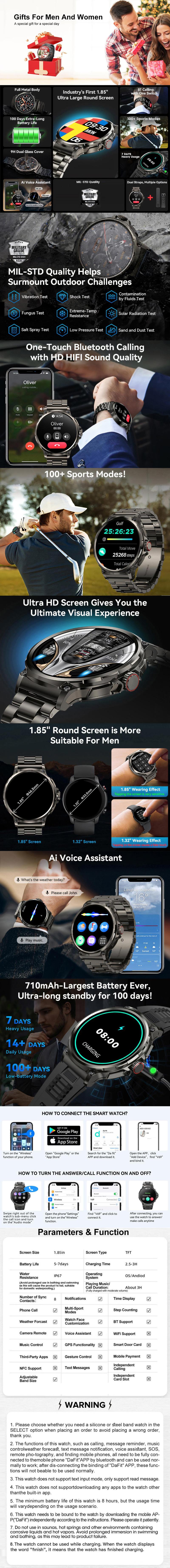Smart Watches for Men(Answer/Make Call), 1.85" Round Big Screen Fitness Tracker, Waterproof Fitness Watch for Android/iOS Phones, Wireless Smartwatch
