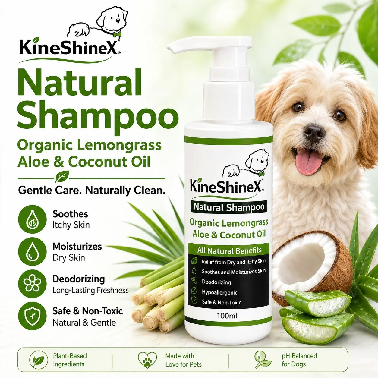 Kineshinex Pet Natural Shampoo, Lemongrass Aloe Coconut Oil, Deodorizing Moisturizing Low Irritation Safe Care Formula
