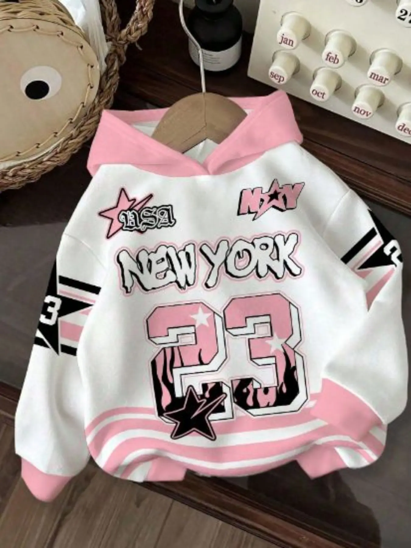 Girls' Hooded Sweatshirt, /blue Color Block, New York Letter Print, Loose Fit, Long Sleeve, Fall Casual Fashion Top, Color Block Hoodie