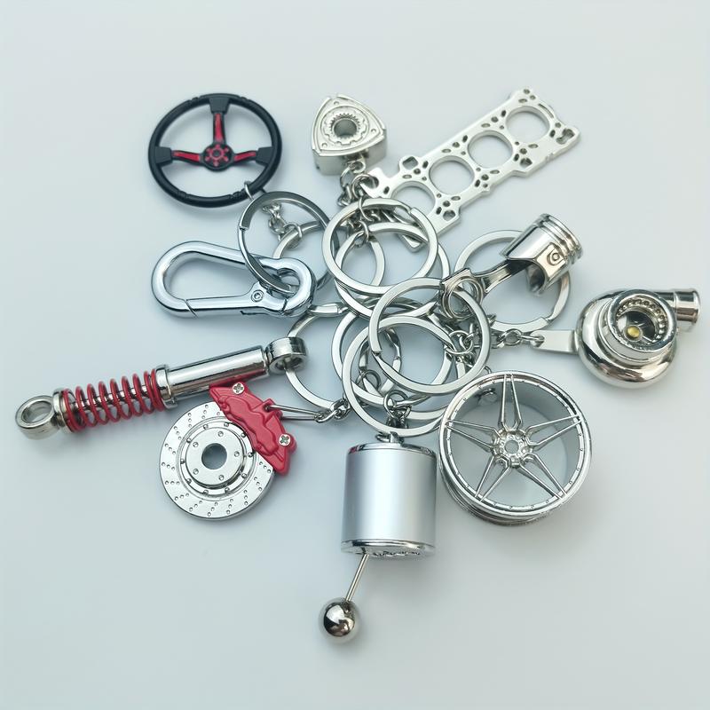 Car Enthusiast Keychain Set 10 Pieces Zinc Alloy Casual Style with Gear Shift Lever Turbo Wheel Hub Shock Absorbers Engine Parts Brake Discs Pistons Perfect Gift for Car Enthusiasts gifts for bestfriend