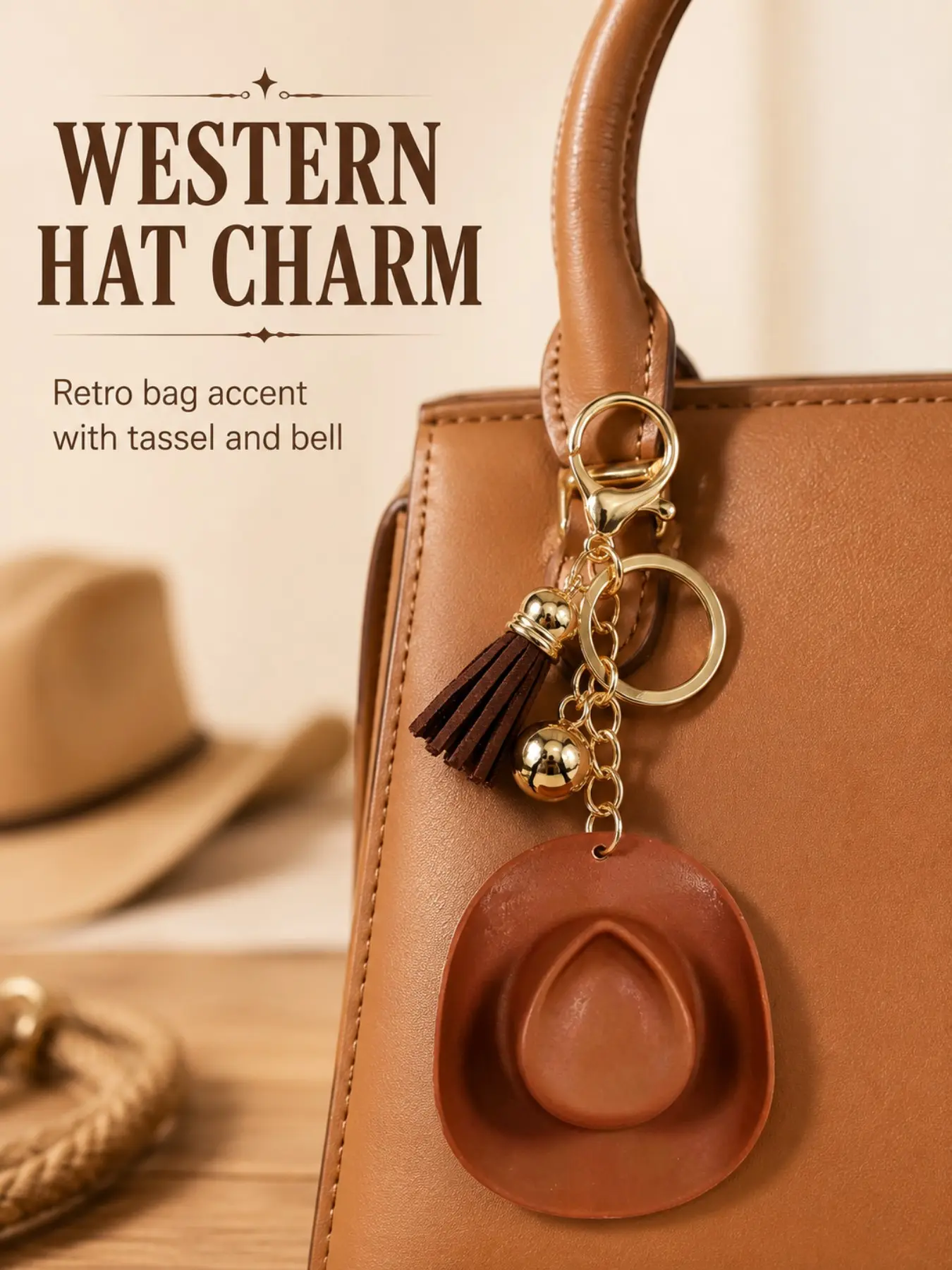 Western Cowboy Hat Bag Charm, brown matte & black white cow print Y2K cowgirl aesthetic bag chain charms with suede tassel metal bell, cute rustic farmhouse bag decoration pendant, viral rodeo concert gift bag charms accessory for her purse key