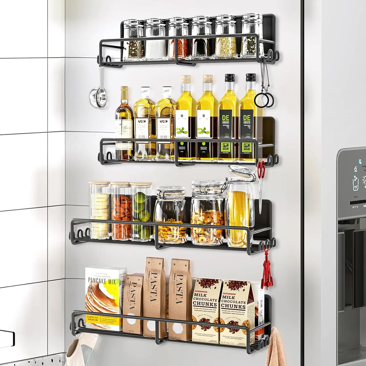 Magnetic Spice Rack for Refrigerator, 2/4/6 Pack Magnetic Fridge Shelf with Hooks, Spice Organizer Shelf for Kitchen Organization and Storage, Seasoning Organizer Gadgets for Metal Surface deskmakeover