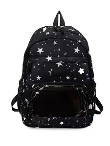 Base Star Print Backpack, Transparent Front Pocket, Large Capacity, School Bag for High School Students, Daily Use