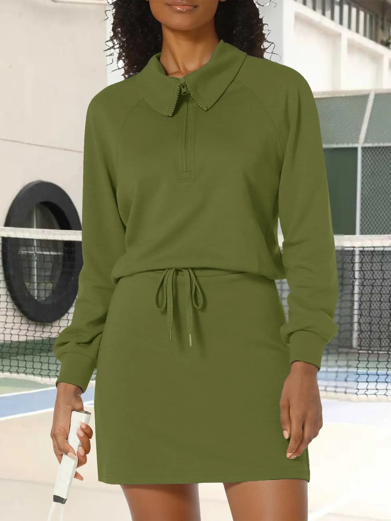 Women's Fall Winter Sporty Two-Piece Set, Fitted Long Sleeve Top with Half-Zip, Plain Surface, All-Season Wear, Batch Y374