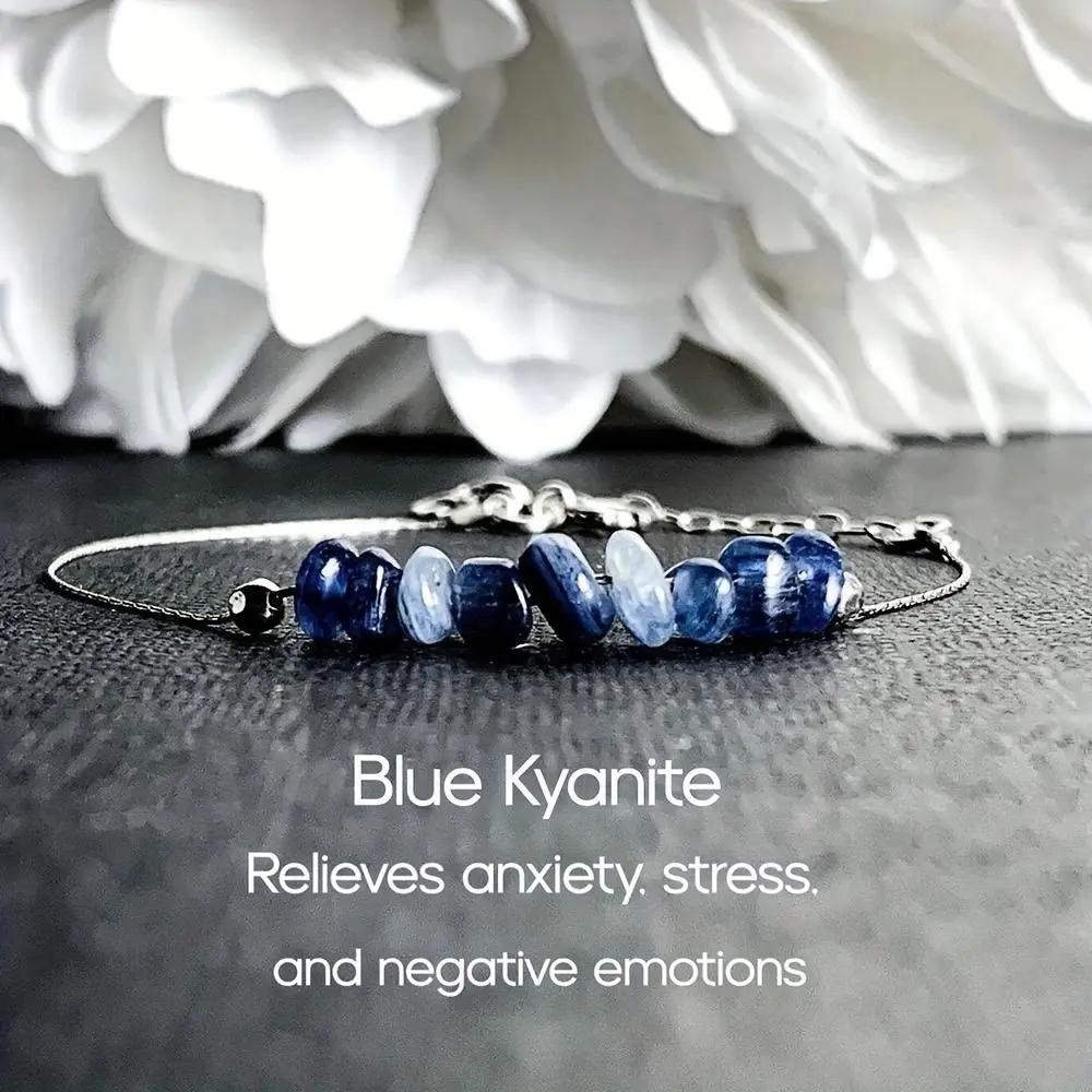 Blue Kyanite Chip Bracelet, Minimalist Silver Tone Energy Jewelry, Adjustable 15-20cm for Everyday Wear with Extender Chain, Kyanite Chips