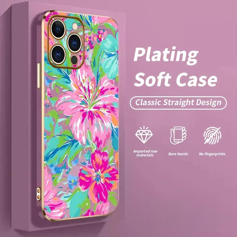 Electroplating Phone Case Floral Color Symphony Patterned Classic Square Design Non Slip TPU Soft Shell Cellphone Protective Casing for iPhone 17 Pro Max Air 16 15 14 Plus 13 12