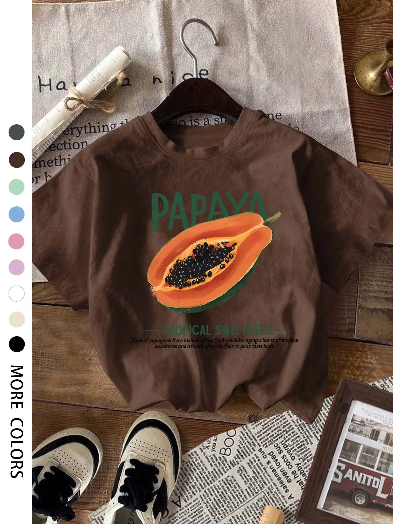 Women's Round Neck Short Sleeve T-Shirt, Papaya Graphic Print, Casual Wear, Soft Breathable Fabric, Perfect Summer Fashion Top, Casual Tee Shirt