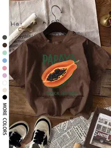 Women's Round Neck Short Sleeve T-Shirt, Papaya Graphic Print, Casual Wear, Soft Breathable Fabric, Perfect Summer Fashion Top, Casual Tee Shirt