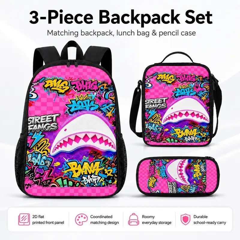 Pink graffiti shark-themed three-piece set, including a backpack, a portable lunch bag, and a pencil case, with a street-style design and bright colors, suitable for daily use by students, 2D flat print