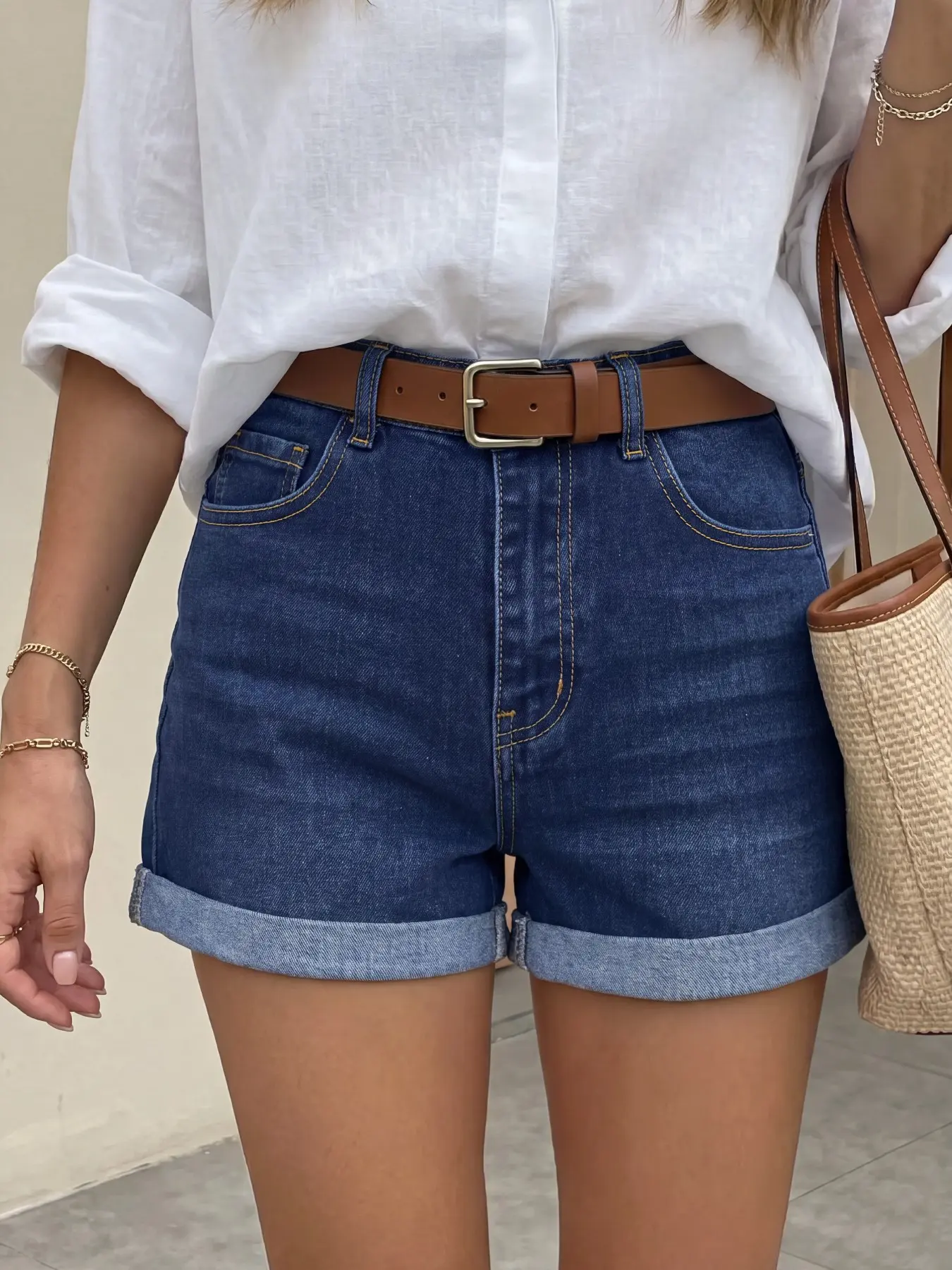 Women's High Waist Denim Shorts, Deep Blue Elastic Zipper, Vintage Washed Hem, Five Pockets, Summer Casual Vacation Wear, Denim Jorts, Denim Shorties
