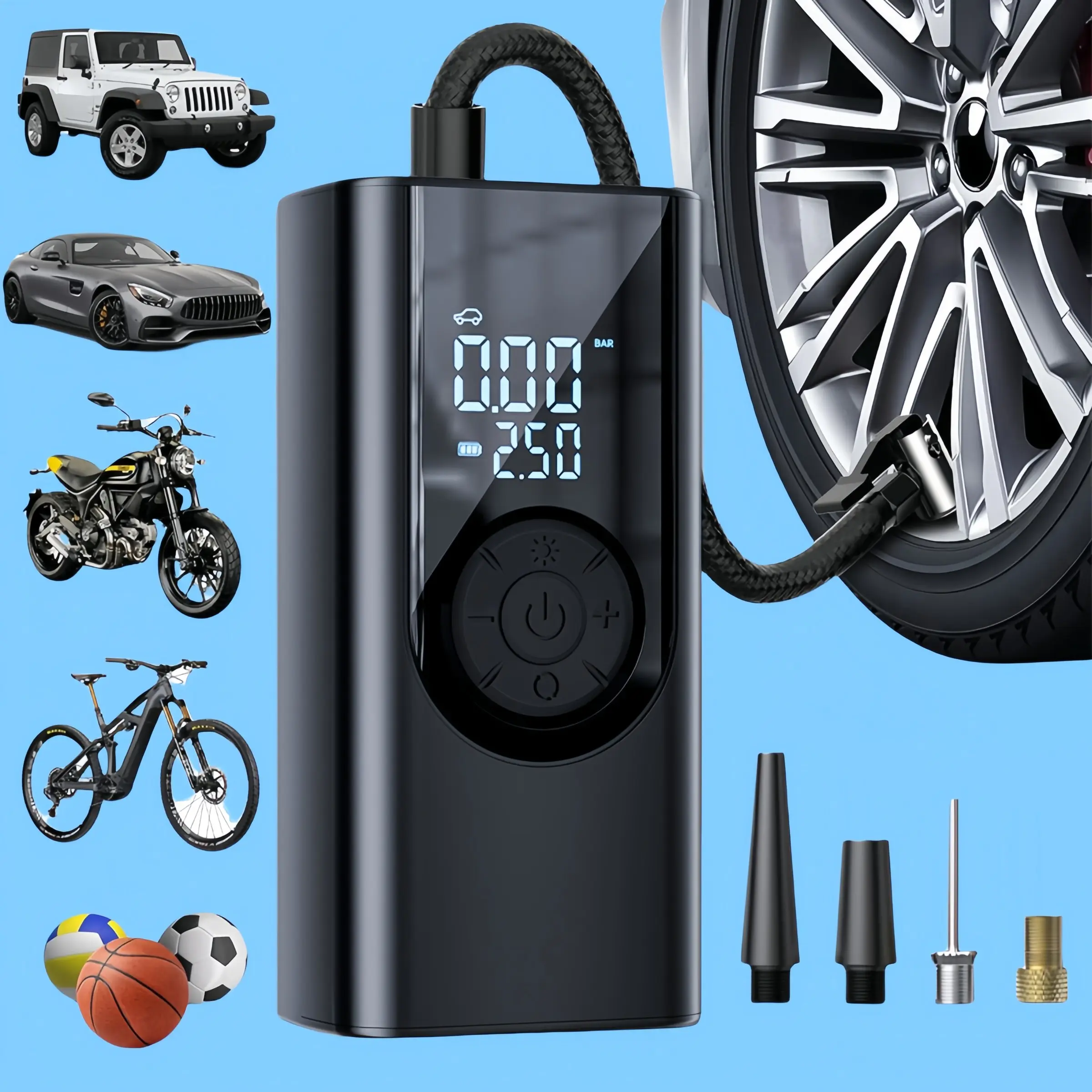 1pc Tire Inflator Portable Air Compressor, Fast Cordless Air Pump, Digital Display With Multi-function Nozzle Adapter And Long-lasting Lithium Battery For Car Motorcycle Bicycle Tire Ball, Auto Parts