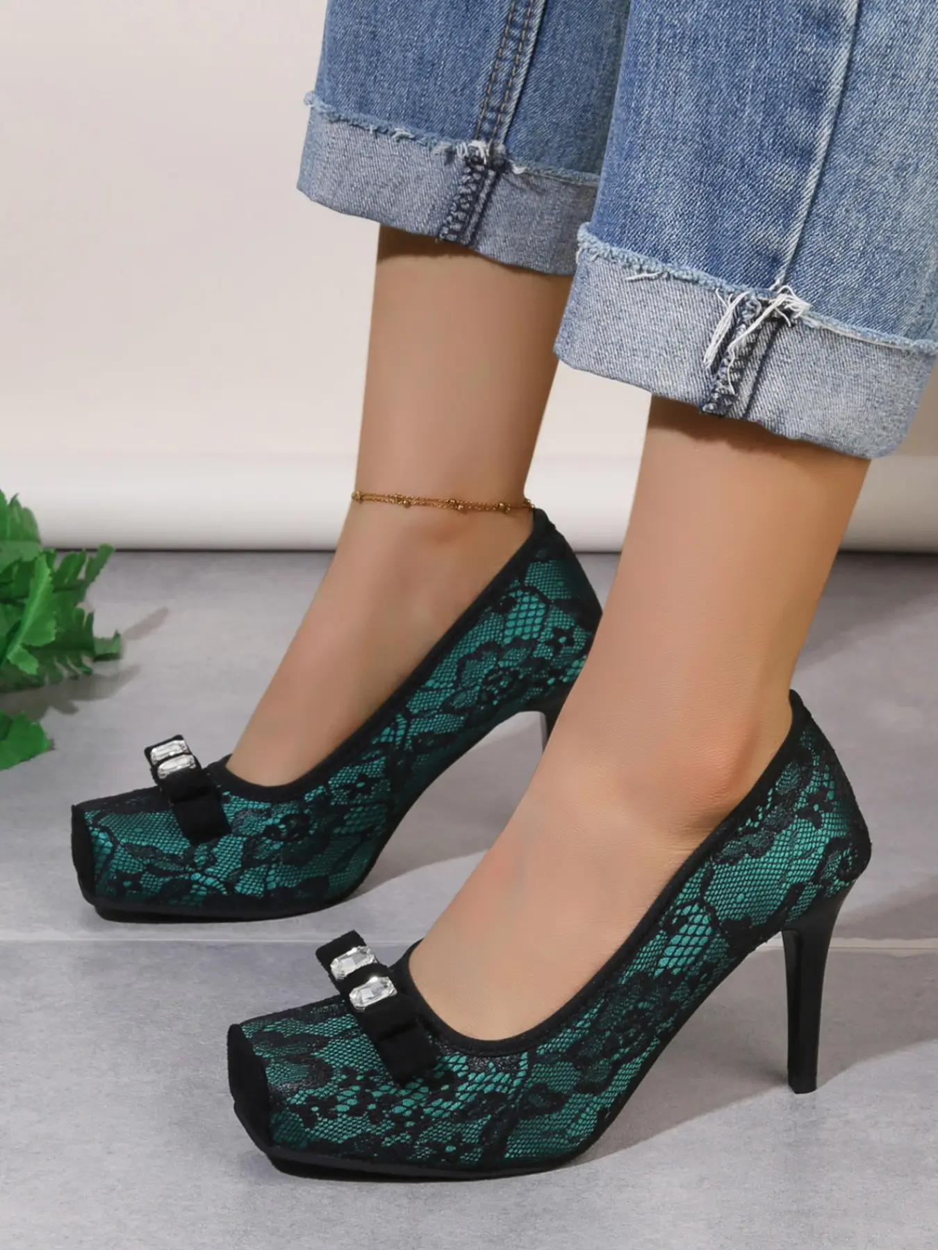 Women's Lace Up High Heel Shoes, Green Rhinestone Bow Single Shoe, Fish Mouth High Heel, Elegant Party Shoe, All Seasons