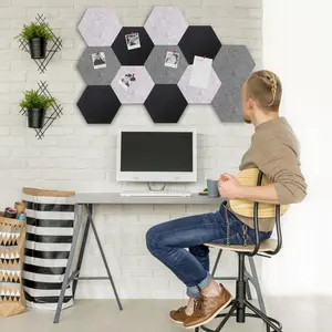 10 Large Hexagonal Felt Bulletin Board Tiles with 10 Random D-Rivets, Self-Adhesive Felt Cork Tile Wall Decor for Notes and Photos, Office School Supplies