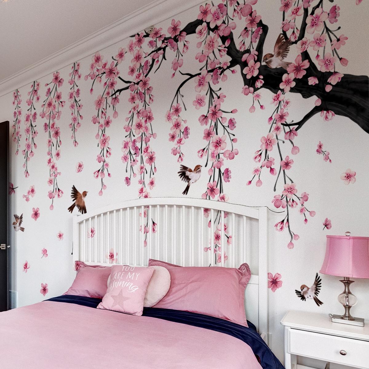 Peach Blossom Tree & Bird Pattern Wall Sticker, 4 Sheets/set Self Adhesive Wall Decal, Decorative Mood Calming Stickers for Home Living Room Bedroom, Wall Art Stickers, Vinyl Wall Stickers, Floral Pattern Sticker