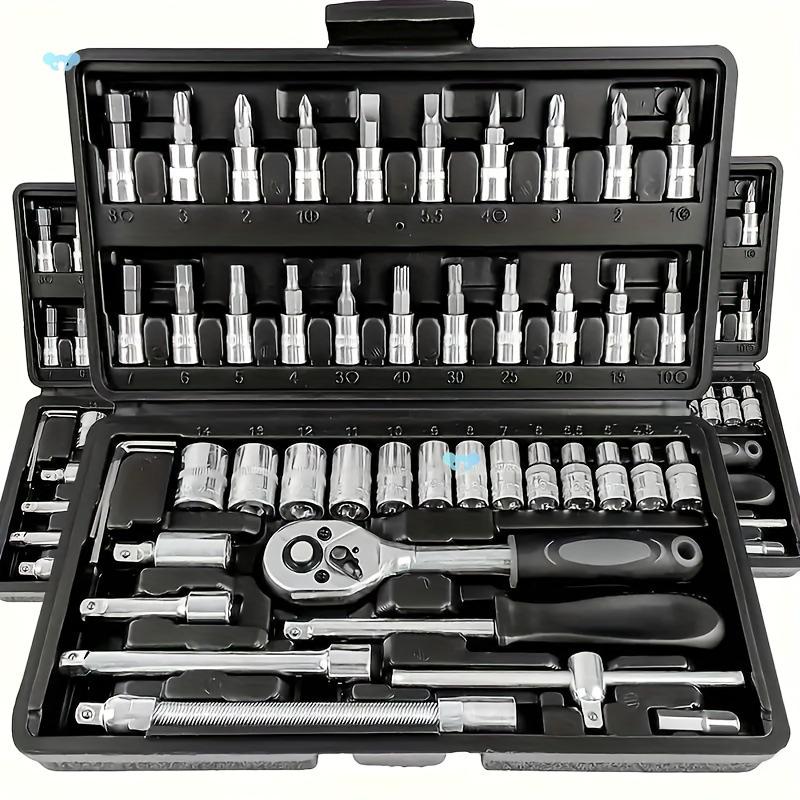 46 pcs tool set, car repair machinery tools, Automotive Repair Tool Kit with Multifunctional Socket Wrench for Car, 1/2 * 1/4 "3/8" drive depth and standard socket, ratchet torque wrench screwdriver socket combination tool