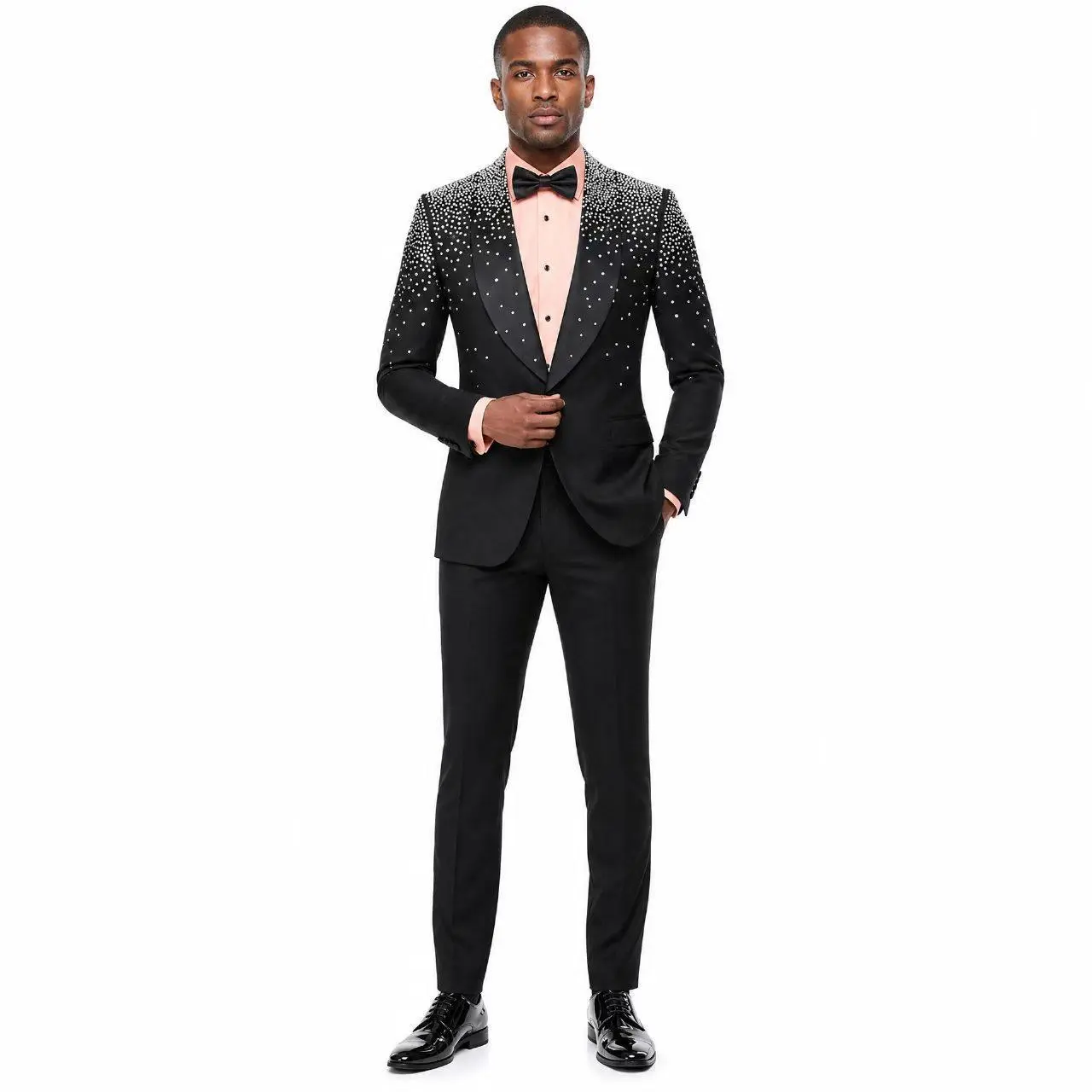 Men's 2-Piece Fitted Polyester Blend Shawl Lapel Suit Set - Rhinestone, Bead, Sequin Accents Formal Menswear for Wedding Groom, Customized Slim Blazer Included