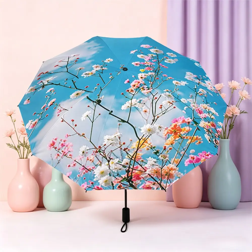 Floral Design Automatic Folding Umbrella, 8-Rib Skeleton, Plastic Handle, Windproof Portable, Halloween Christmas Gift, Lightweight Outdoor Accessory, Portable Foldable Umbrella