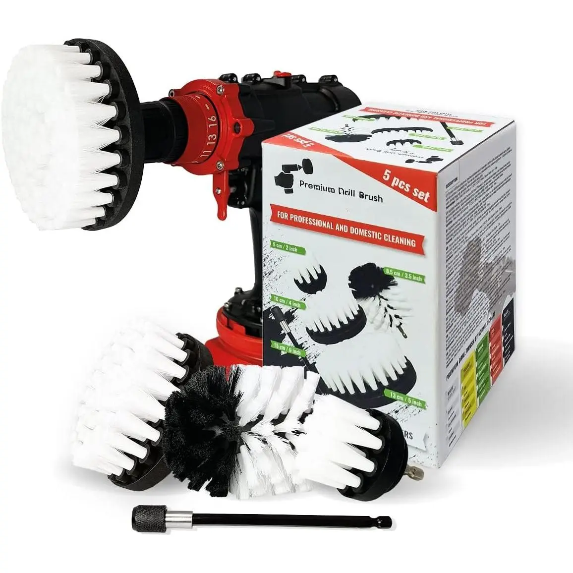 Drill Brush Professional–Extra-Soft 5 count Set (5/4/3.5/2 in Brushes + 6 in Extension) | Scratch-Free Multi-Surface Cleaning for Carpet, Upholstery, Leather, Glass and Interior Detail